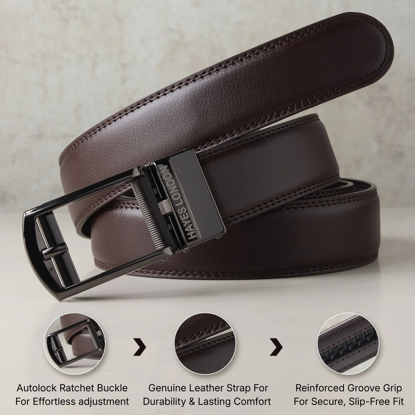 Vanguard Auto-Lock No-Hole Genuine Leather Belt for Men – Micro-Adjustable Smart Ratchet Belt for Formal & Business Wear (Brown with Grey Buckle) - Image 4
