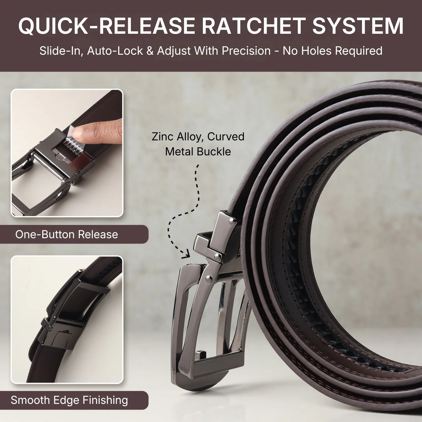 Vanguard Auto-Lock No-Hole Genuine Leather Belt for Men – Micro-Adjustable Smart Ratchet Belt for Formal & Business Wear (Brown with Grey Buckle) - Image 7