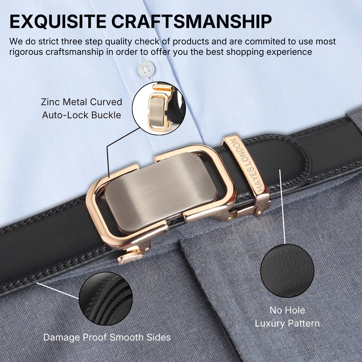 Vanguard Auto-Lock No-Hole Genuine Leather Belt for Men – Micro-Adjustable Smart Ratchet Belt for Formal & Business Wear (Plain Black with Gold Buckle) - Image 11