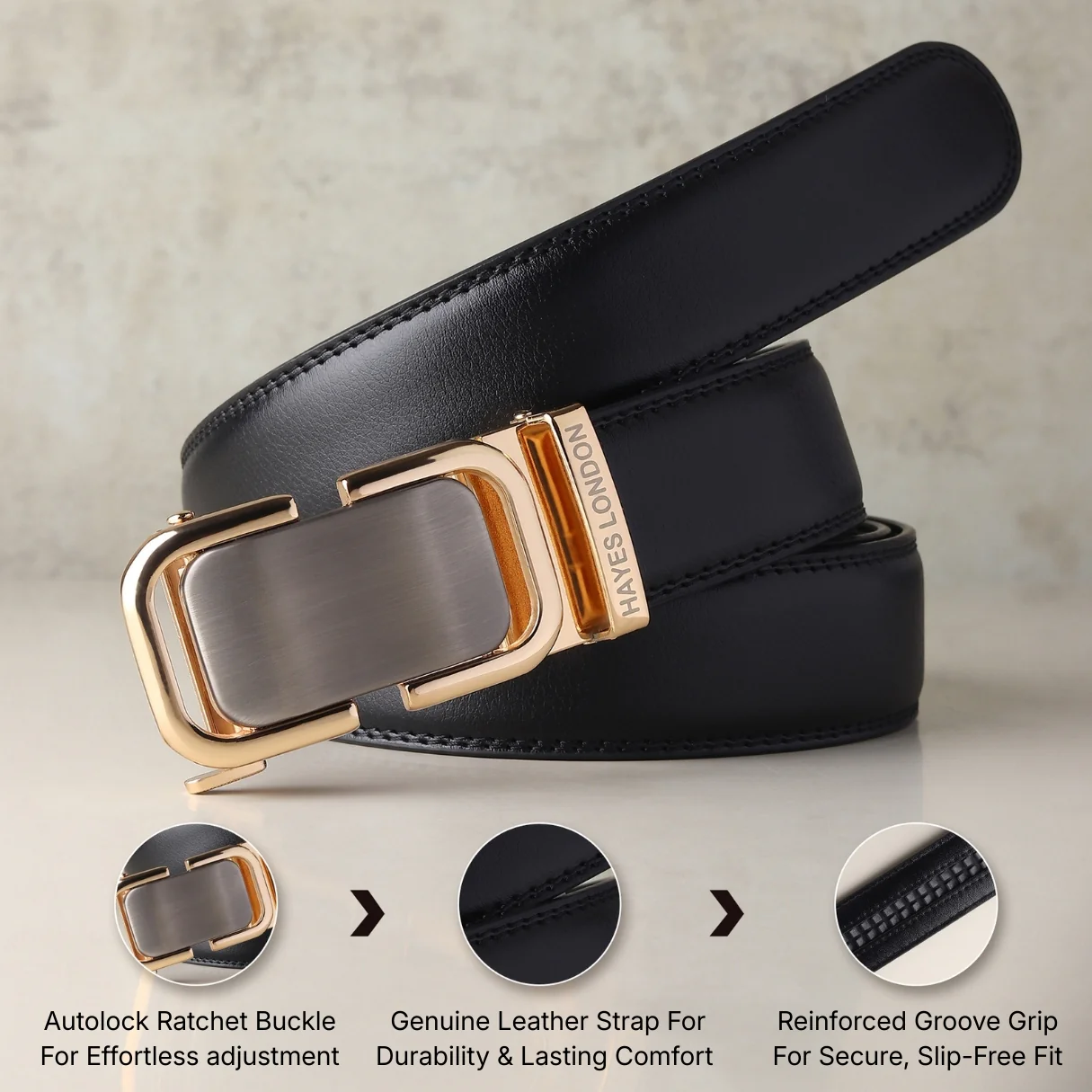 Vanguard Auto-Lock No-Hole Genuine Leather Belt for Men – Micro-Adjustable Smart Ratchet Belt for Formal & Business Wear (Plain Black with Gold Buckle) - Image 4
