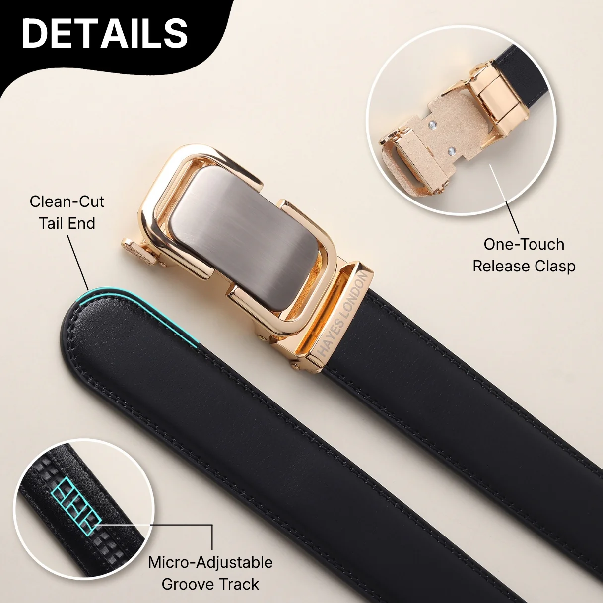 Vanguard Auto-Lock No-Hole Genuine Leather Belt for Men – Micro-Adjustable Smart Ratchet Belt for Formal & Business Wear (Plain Black with Gold Buckle) - Image 5