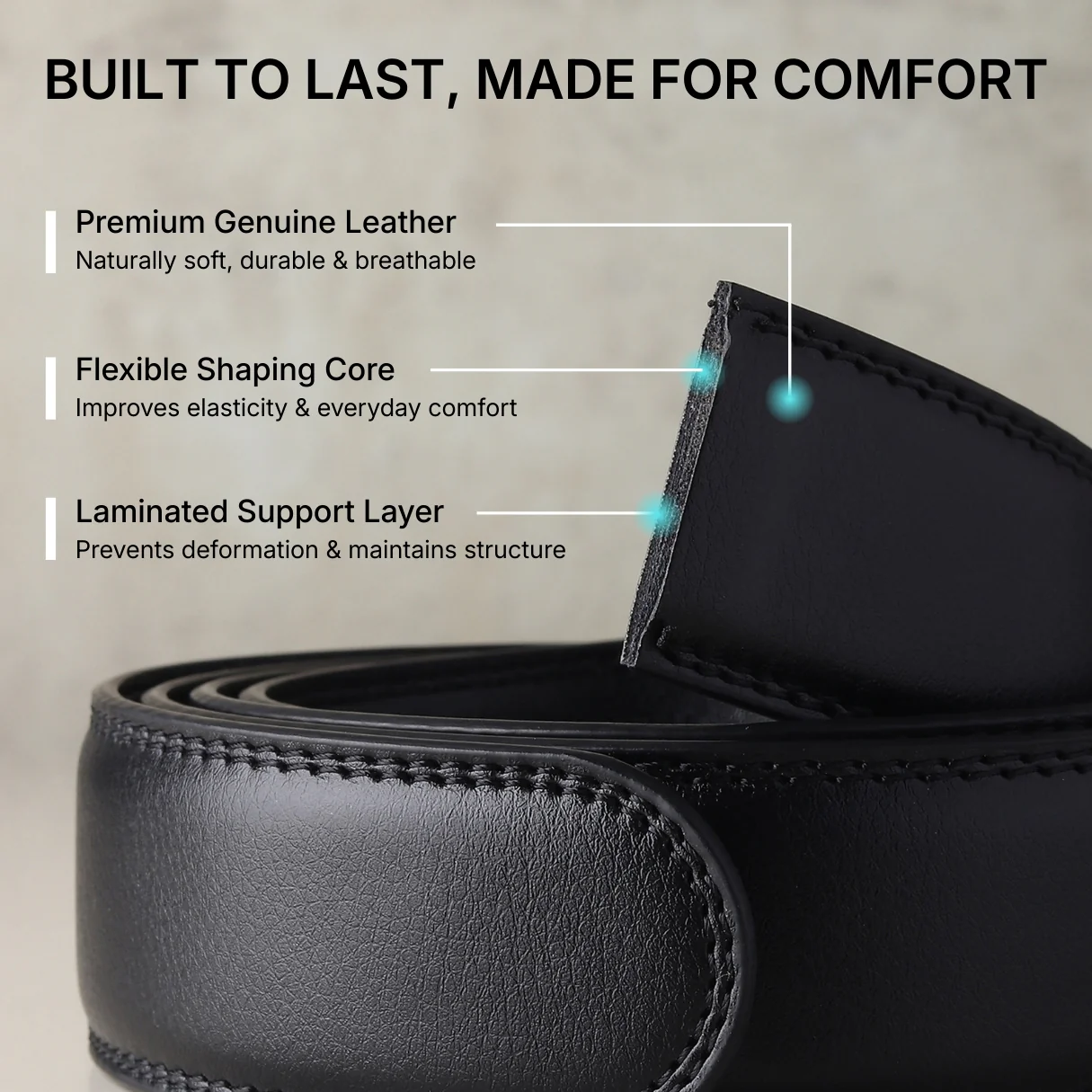 Vanguard Auto-Lock No-Hole Genuine Leather Belt for Men – Micro-Adjustable Smart Ratchet Belt for Formal & Business Wear (Plain Black with Gold Buckle) - Image 6