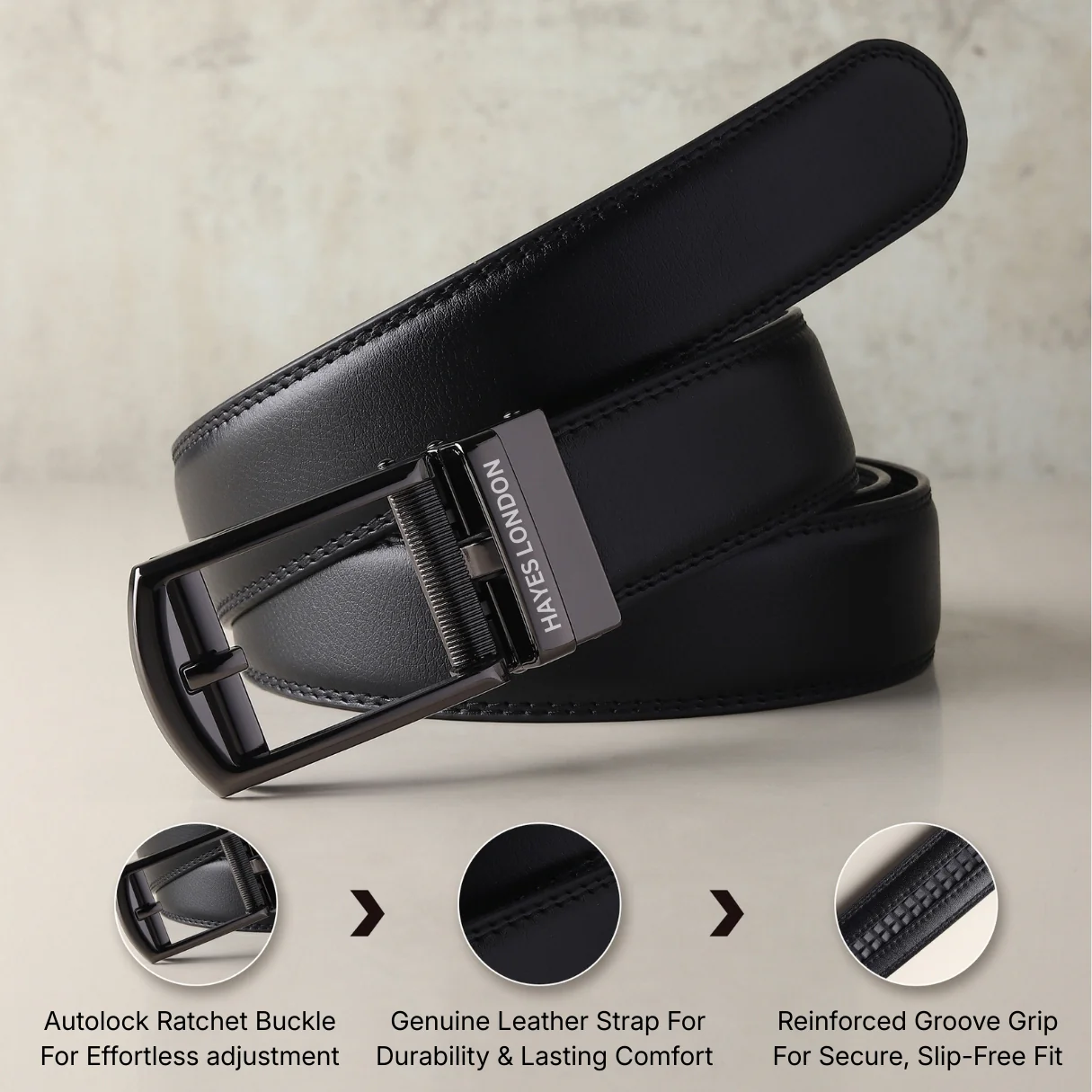 Vanguard Grey Auto-Lock No-Hole Genuine Leather Belt for Men – Micro-Adjustable Smart Ratchet Belt for Formal, Office & Executive Wear (Plain Black) - Image 4