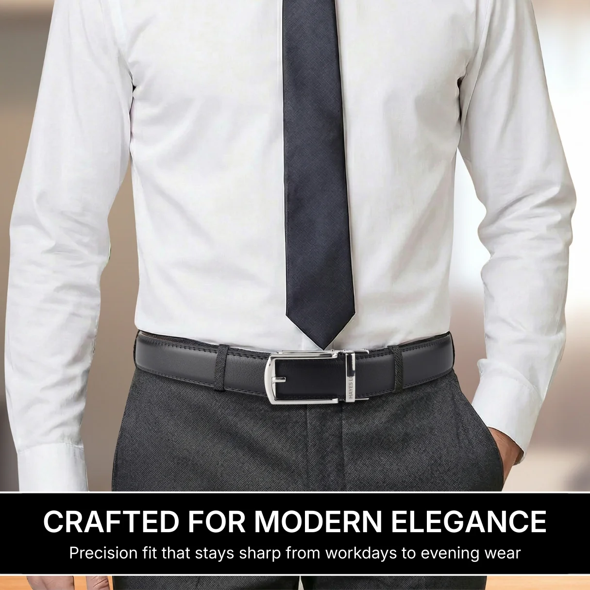 Vanguard Silver Auto-Lock No-Hole Genuine Leather Belt for Men – Micro-Adjustable Smart Ratchet Belt for Formal & Business Wear (Plain Black) - Image 3