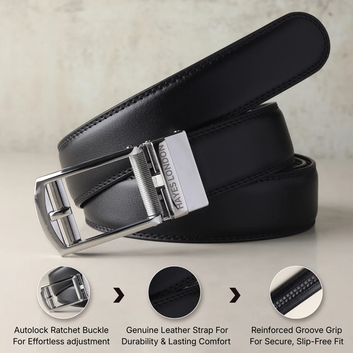 Vanguard Silver Auto-Lock No-Hole Genuine Leather Belt for Men – Micro-Adjustable Smart Ratchet Belt for Formal & Business Wear (Plain Black) - Image 4