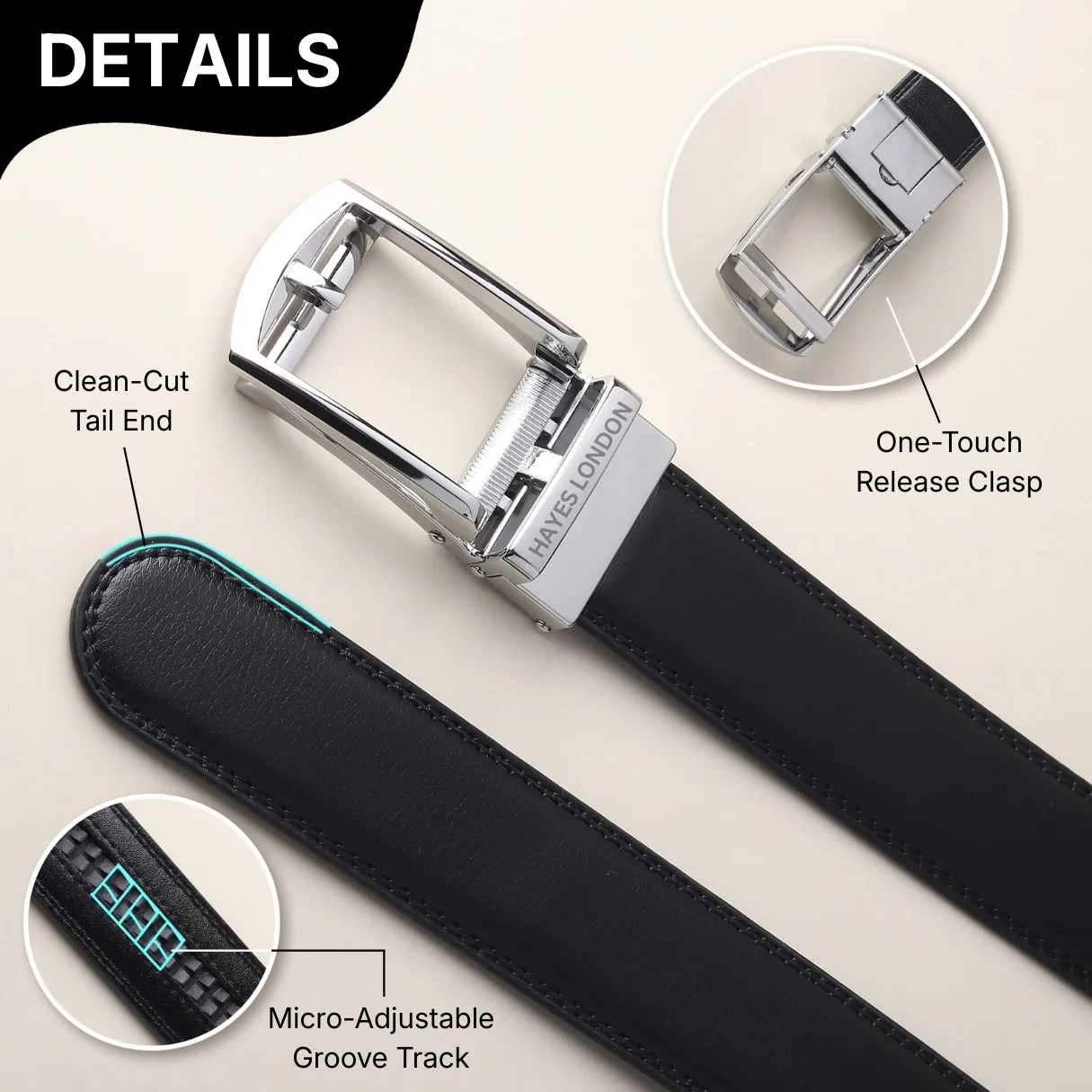 Vanguard Silver Auto-Lock No-Hole Genuine Leather Belt for Men – Micro-Adjustable Smart Ratchet Belt for Formal & Business Wear (Plain Black) - Image 5