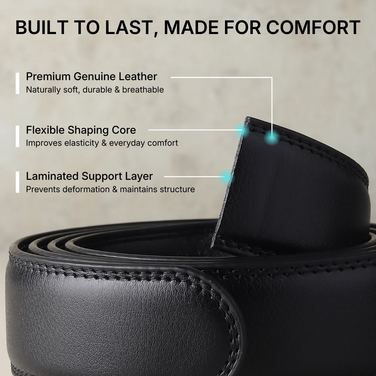 Vanguard Silver Auto-Lock No-Hole Genuine Leather Belt for Men – Micro-Adjustable Smart Ratchet Belt for Formal & Business Wear (Plain Black) - Image 6