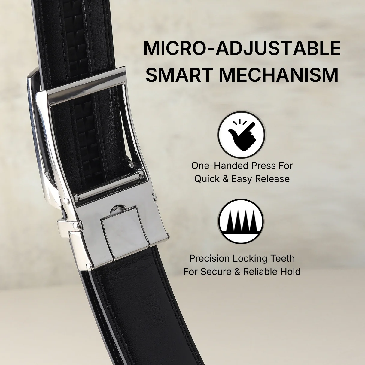 Vanguard Silver Auto-Lock No-Hole Genuine Leather Belt for Men – Micro-Adjustable Smart Ratchet Belt for Formal & Business Wear (Plain Black) - Image 8