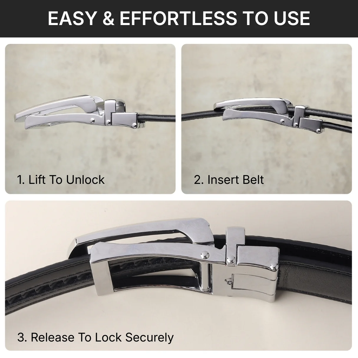 Vanguard Silver Auto-Lock No-Hole Genuine Leather Belt for Men – Micro-Adjustable Smart Ratchet Belt for Formal & Business Wear (Plain Black) - Image 9