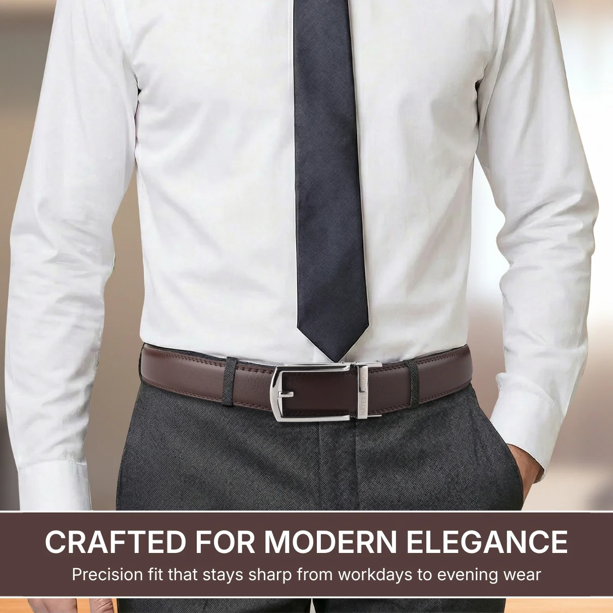 Vanguard Silver Auto-Lock No-Hole Genuine Leather Belt for Men – Micro-Adjustable Smart Ratchet Belt for Formal, Office & Business Wear(Plain Brown) - Image 3