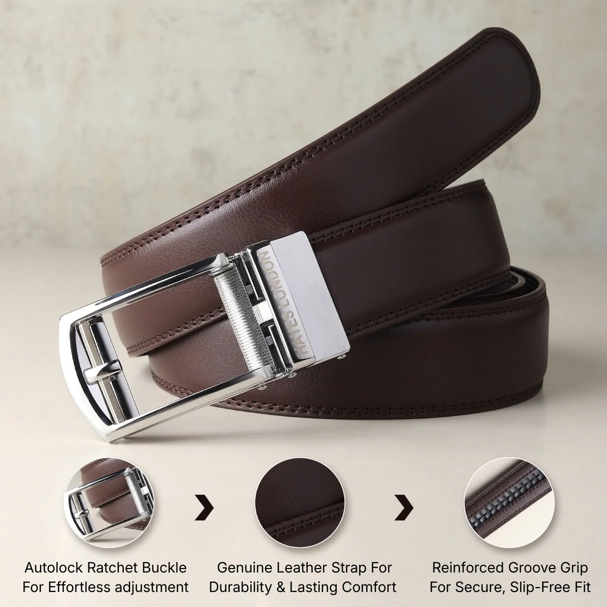Vanguard Silver Auto-Lock No-Hole Genuine Leather Belt for Men – Micro-Adjustable Smart Ratchet Belt for Formal, Office & Business Wear(Plain Brown) - Image 4
