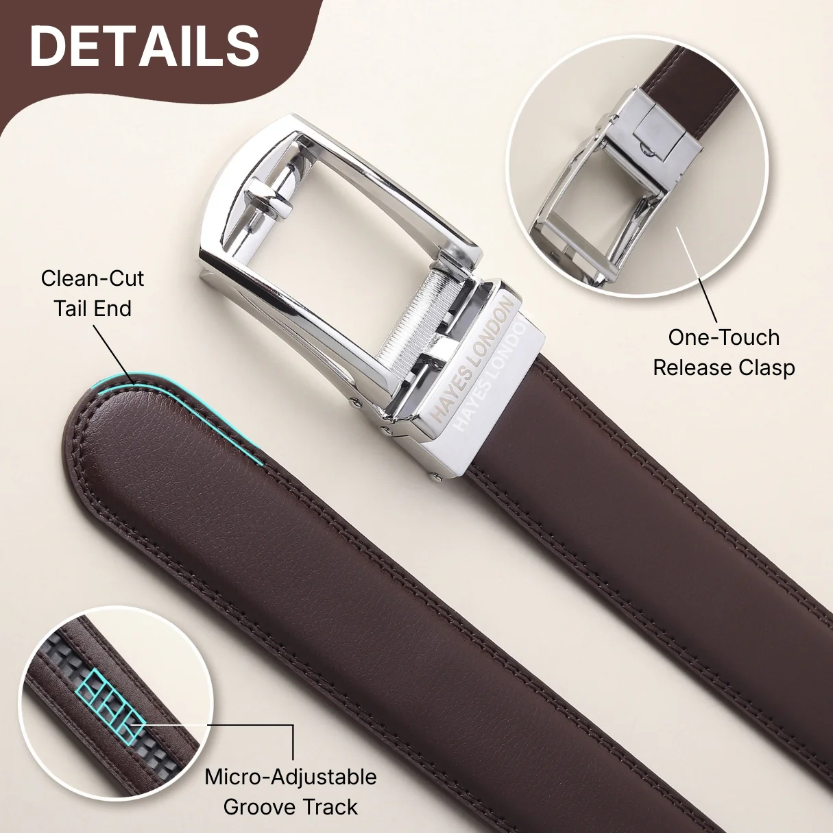 Vanguard Silver Auto-Lock No-Hole Genuine Leather Belt for Men – Micro-Adjustable Smart Ratchet Belt for Formal, Office & Business Wear(Plain Brown) - Image 5