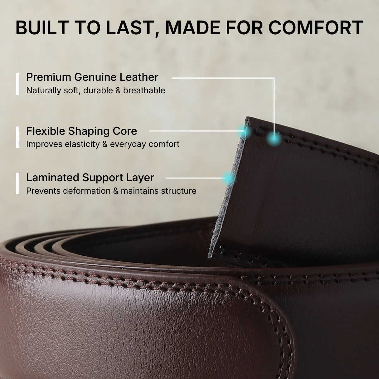 Vanguard Silver Auto-Lock No-Hole Genuine Leather Belt for Men – Micro-Adjustable Smart Ratchet Belt for Formal, Office & Business Wear(Plain Brown) - Image 6