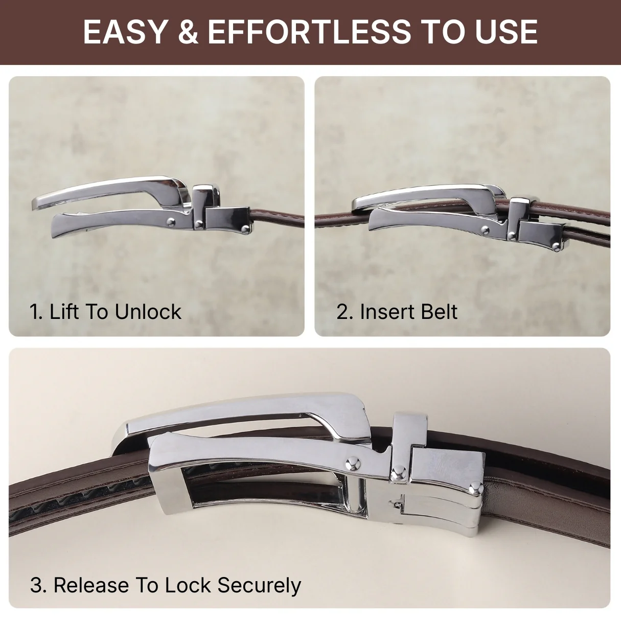 Vanguard Silver Auto-Lock No-Hole Genuine Leather Belt for Men – Micro-Adjustable Smart Ratchet Belt for Formal, Office & Business Wear(Plain Brown) - Image 9