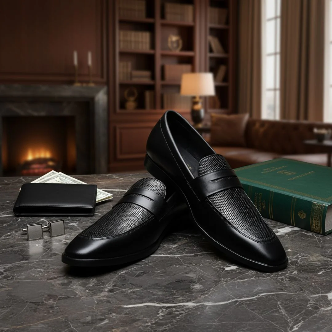 Windsor Black Formal Penny Loafers for Men – Genuine Leather Dotted Slip-On Shoes for Office & Party Wear - Image 14