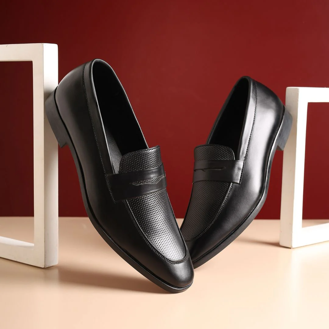 Windsor Black Formal Penny Loafers for Men – Genuine Leather Dotted Slip-On Shoes for Office & Party Wear - Image 9
