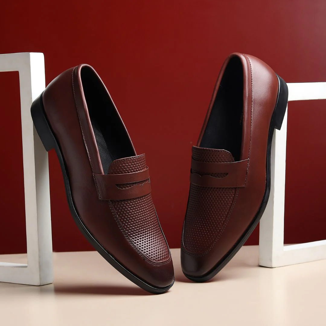 Windsor Brown Formal Penny Loafers for Men – Genuine Leather Dotted Slip-On Shoes for Office & Party Wear - Image 11