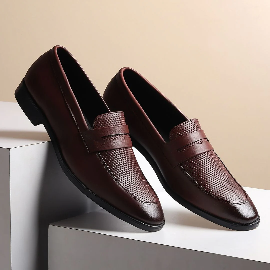 Windsor Brown Formal Penny Loafers for Men – Genuine Leather Dotted Slip-On Shoes for Office & Party Wear - Image 13