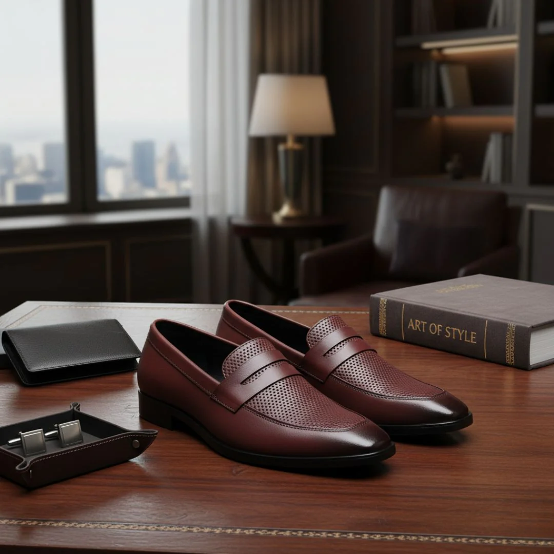 Windsor Brown Formal Penny Loafers for Men – Genuine Leather Dotted Slip-On Shoes for Office & Party Wear - Image 15